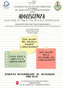 Giornate di formazione, riflessione e confronto sul tema dell'adolescenza presso la casa delle culture 1 febbraio 1 e 29 marzo ore 10-12